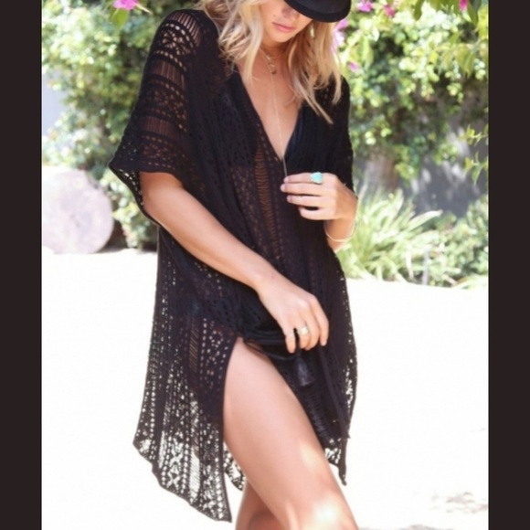 Black Crochet Knit Beach Swim Coverup Poncho Tunic - Picture 2 of 8